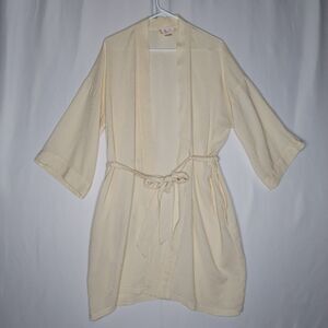 Amelias Silk‎ Robe Women One Size Textured Cream 3/4 Sleeve Kimono Belt Pocket